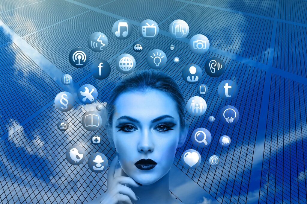 woman, face, social media, thoughts, head, applications, apps, social media applications, icons, circle, nature, tree, networks, internet, social, social network, facebook, google, social networking, networking, multimedia, blue